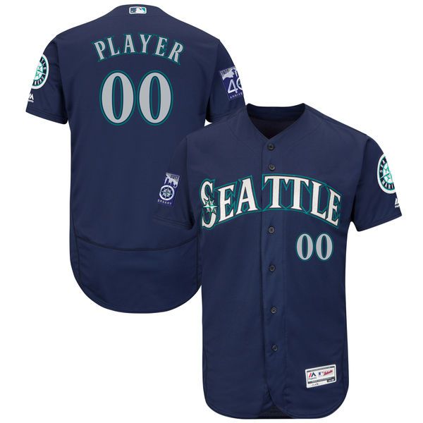 Men Seattle Mariners Majestic Alternate Navy Blue 2017 Authentic Flex Base Custom MLB Jersey with Commemorative Patch